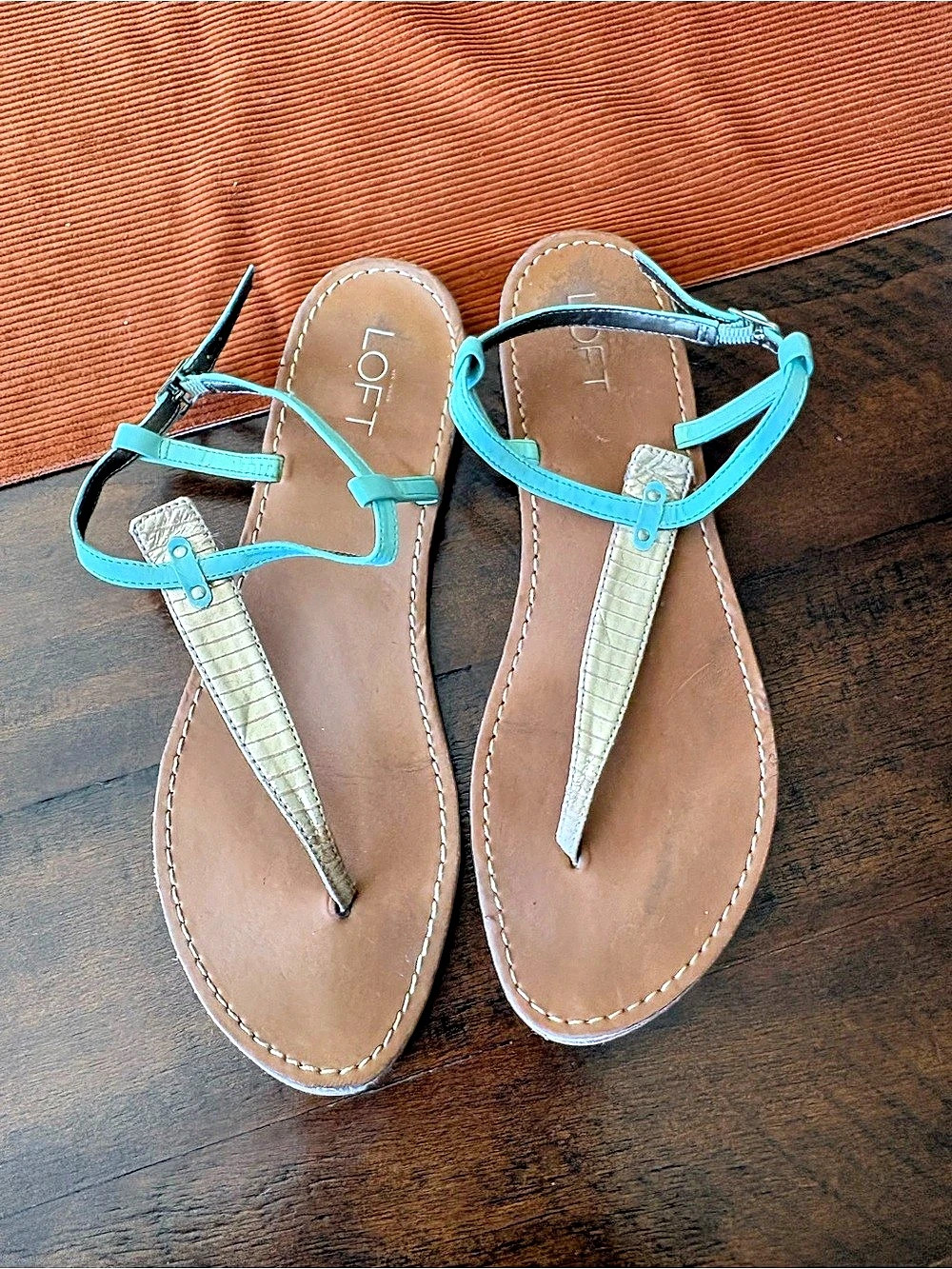 LOFT Women's Teal Blue & Brown Strappy Sandals